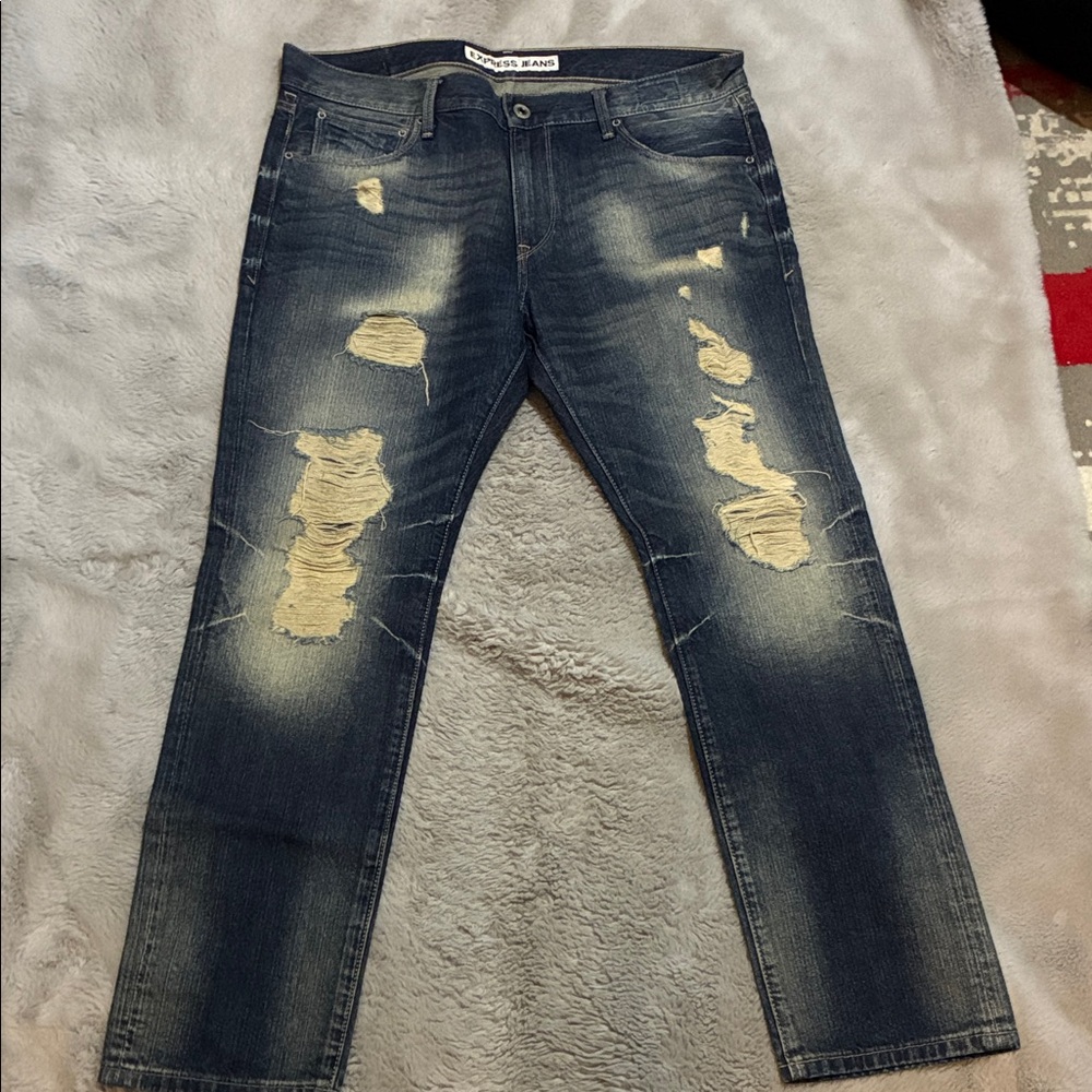 Express Men's Dark Blue Distressed Jeans